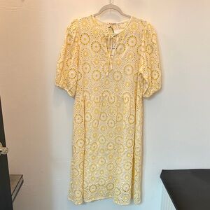 Barbour Yellow Eyelet Tie-Neck Midi Dress